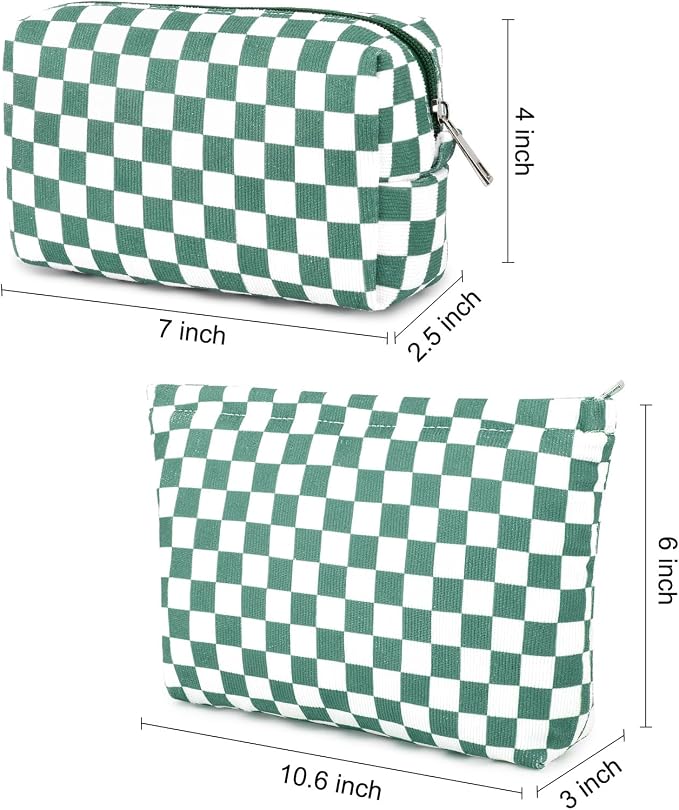 SOIDRAM 2 Pcs Checkered Makeup Bag Large Cosmetic Bag Toiletry Bag Makeup Pouch Travel Bag Organizer Cute Makeup Brushes Aesthetic Accessories Storage Bag for Women Olive Green - Image 3