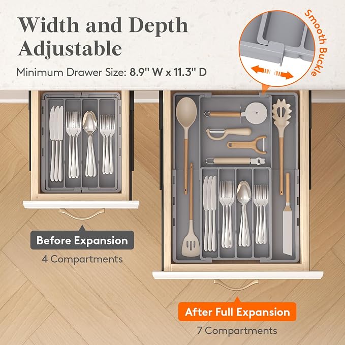 Lifewit Expandable Silverware Drawer Organizer, Utensil Tray for Kitchen | BPA Free Flatware and Cutlery Holder, Adjustable Plastic Storage for Spoons Forks Knives, 8.9-14.2 x 11.3-19.4 x 1.7", Gray - Image 6