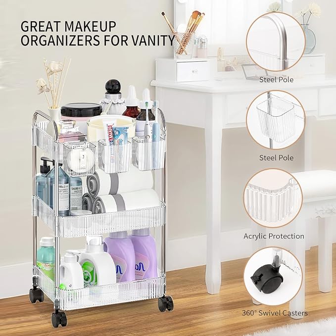 3 Tiers Rolling Storage Cart with Hanging Basket Acrylic Organizer | Acrylic Rolling Cart with Hanging Basket and Lockable Wheels, Ideal for Home, Office, Kitchen and Bathroom Storage - Image 3