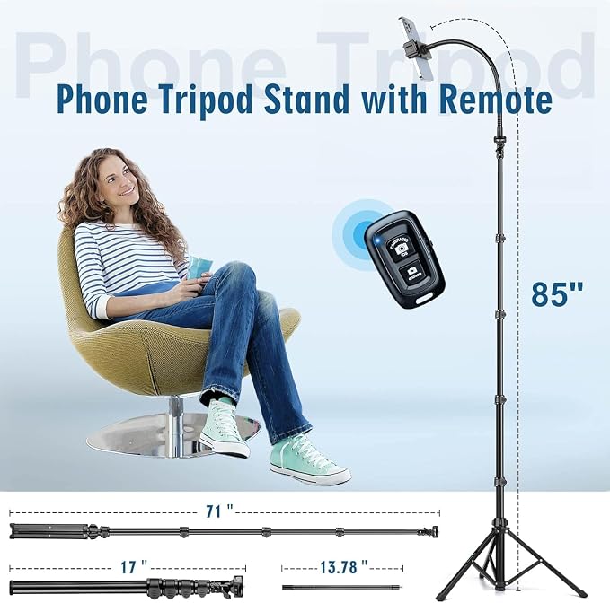Selfie Stick Tripod, 85" Phone Tripod, Aluminum Tripod Stand for Video Recording Photo Vlog, Travel Cell Phone Tripod with Gooseneck/Remote/Phone Holder, Compatible with iPhone Android Smartphone - Image 4