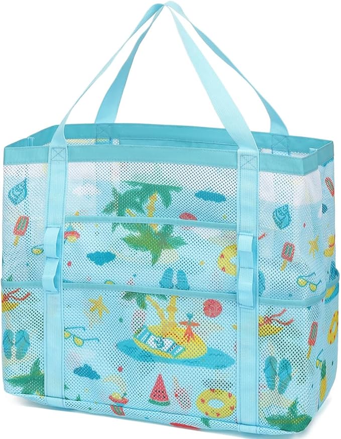 Fammart Mesh Beach Bag for Women, Large Beach Toy Pool Bag with Zipper Pocket, SandProof Cruise Essentials 2026 Family Travel by Fammart