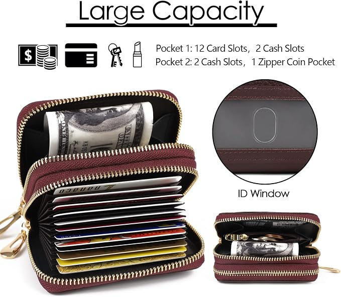 imeetu RFID Credit Card Holder, Small Card Wallet Women, Leather Card Case | Genuine Leather Women's Card & id Cases, Change Coin Purse with Zipper Keychain id Window, 20 Colors & 3 Styles, Daily, Gifts - Image 4