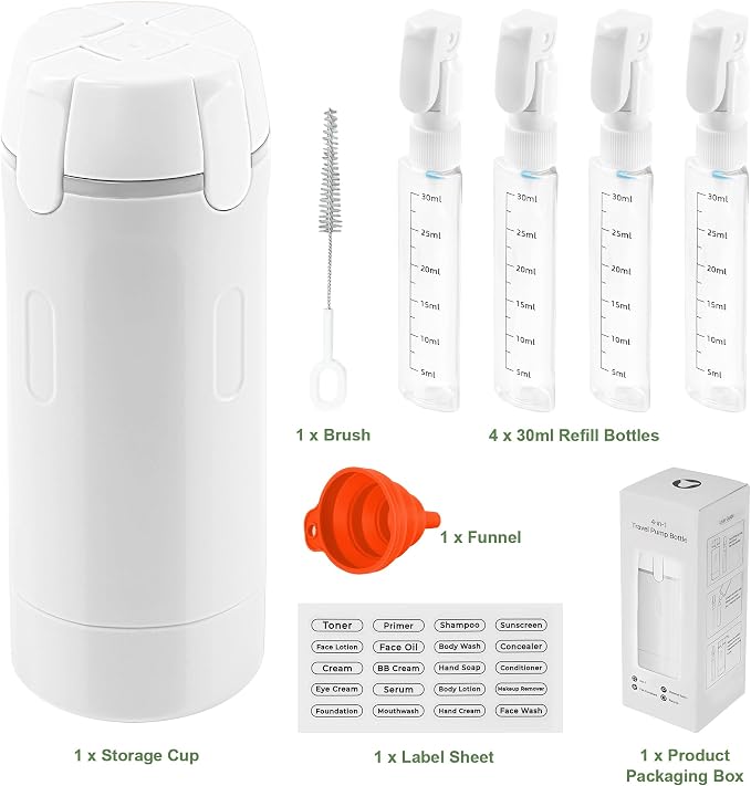 4-in-1 Travel Dispenser, 4 Pack 30ML Travel Bottles with Stickers for Toiletries – TSA Approved Leak Proof Refillable Containers for Shampoo, Conditioner, Creams, Lotions (White) - Image 9