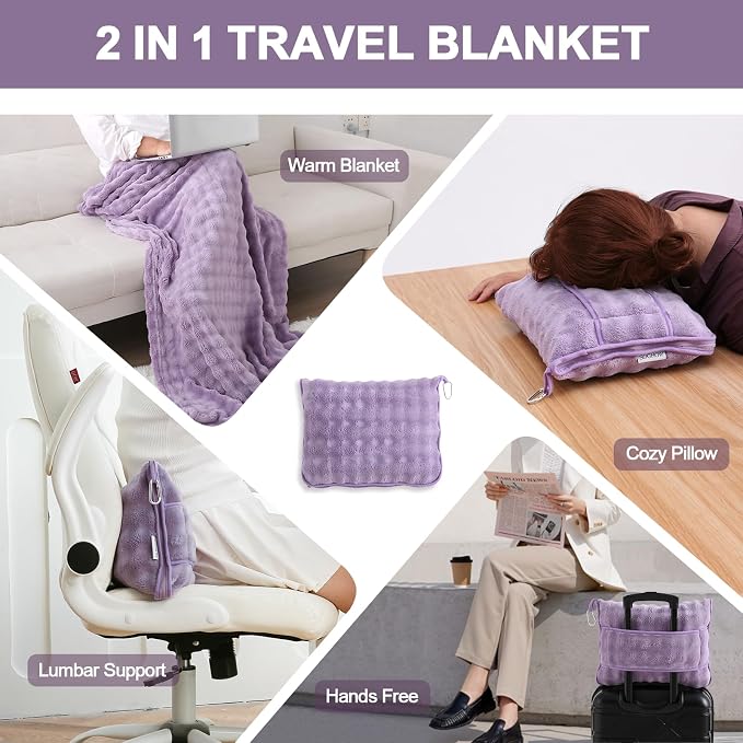 Soft Cozy Travel Blanket for Airplane Train and Car, Dusty Purple | Lightweight, Blanket or Pillow 2 in 1, Compact with Portable Bag Pillowcase, with Luggage Sleeve and Backpack Clip - Image 2