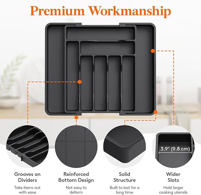 Lifewit Expandable Silverware Drawer Organizer, Kitchen Utensil Tray | BPA-free Plastic Flatware Cutlery Holder, Space-Saving Storage for Spoons Forks Knives, 11.8-19.6 x 15“, Black - Image 6