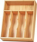 Kitchen Drawer Organizer, 10 Inch Silverware Utensil Tray Holder, Extra Deep, with Non-Slip Feet & Grooved Drawer Divider, 5 Slots Total Bamboo Wood Caddy for Flatware Cutlery Knives by Umilife