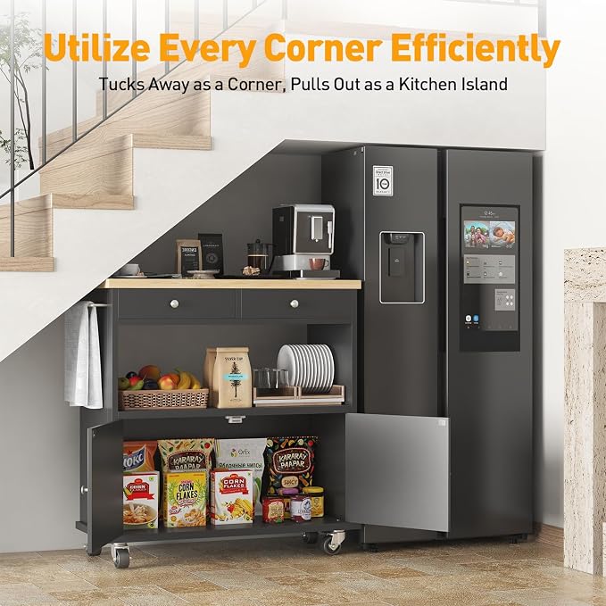 knoworld Rolling Kitchen Island with Storage Cabinet, 35.4'' Width Kitchen Cart, 2 Drawers Island Table, Portable Mobile Kitchen Island with Towel Rack, Wood Top and Lockable Wheels, Black - Image 9