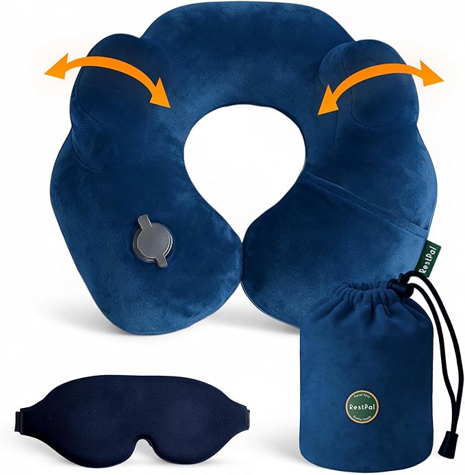 Inflatable Travel Neck Pillow with Adjustable Memory Foam Sides | Lightweight, Soft & Portable Support (Navy Blue, Standard) by Unknown