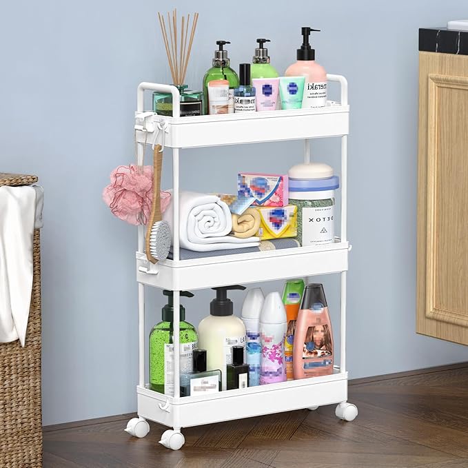 SOLEJAZZ Slim Rolling Storage Cart Skinny Bathroom Organizer, 3 Tier, White | Thin utility cart with wheels for bathroom, laundry room, bedside, kitchen, dorm, office, next to fridge, small narrow places by SOLEJAZZ