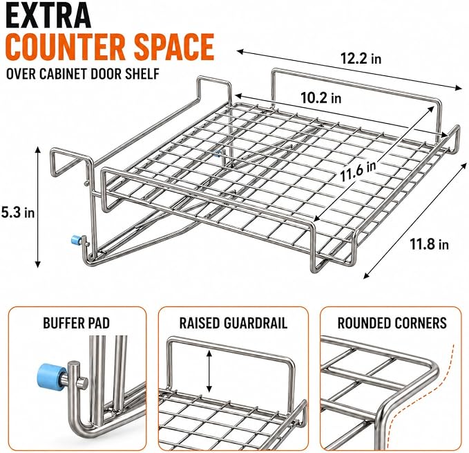 Kitchen Counter Extender, 1-Sec Foldable Over Cabinet Door & Drawer Organizer Shelf, No Drill Hanging Storage Rack Space Saver with Towel Bar for RV & Renters (Stainless Steel Silver) - Image 2