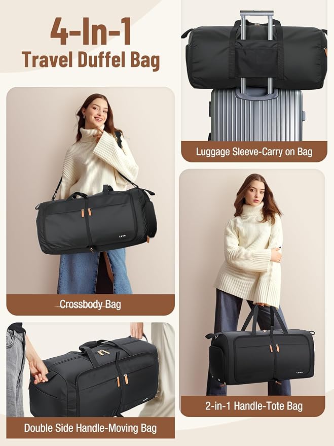 Lekesky Foldable Travel Duffle Bag for Women, 80L Large Duffel Bag with Separate Shoes Compartments & Straps, Carry On Weekend Bag for Women, Hospital, Overnight (Black) - Image 5