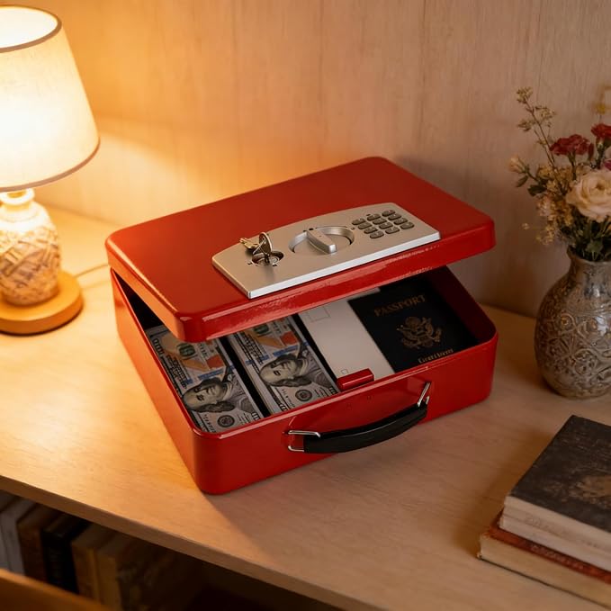 KYODOLED Red Safe Box with Digital Keypad Lock, Lock Box with Code for Personal Items, Metal Security Box for Cash, Passport, Jewelry, Ideal for Home, Office, Garage Sale, 11.8'' x 9.4'' x 3.5'' - Image 7