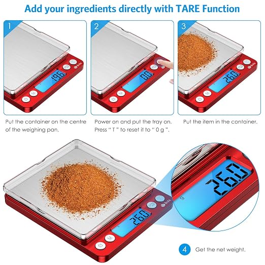 Digital Kitchen Scale, 3000g Pocket Cooking Scale with 0.1g Accuracy, Mini Food Scale, Pro Electronic Jewelry Scale with Back-Lit LCD Display, Tare & PCS Functions (Red, Batteries Included) - Image 4