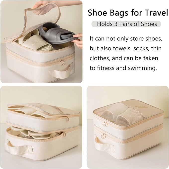 Resdenio 2 Pack Shoe Bags for Travel - Holds 3 Pair of Shoes, Portable Shoes Storage Bag Organizer, Travel Luggage Shoe Organizer for Women and Teenager (Beige) - Image 4