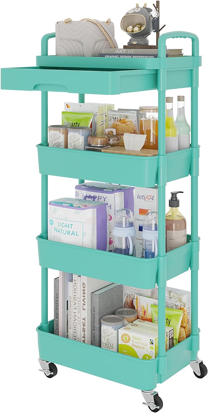 Calmootey 4-Tier Utility Cart with Drawer & Wheels, Storage for Home,Office | Space-Saving Organizer, Sturdy Plastic Shelves, Smooth-Rolling Metal Wheels, Built-in Drawer for Small Items, Green by Calmootey