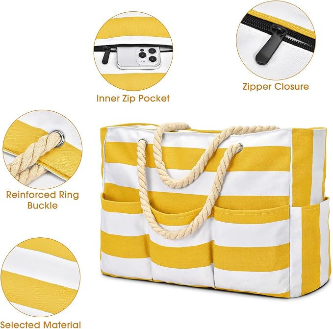 Becokan Beach Bags for Women Canvas Large Beach Tote Bag Zipper Waterproof Sandproof Foldable Swim Pool Bag with 7 Pockets - Image 4