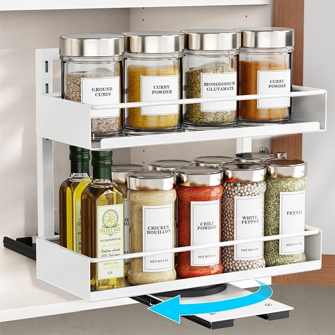 Vertical Spice Rack Pull Out - 1 Pack Spice Organizer for Cabinet | For Flat-Front Cabinets Only, Pull-Out Rotating Access, No-Drill Mount, Keeps Spices Visible Easy to Reach, Adjustable Height by iSPECLE