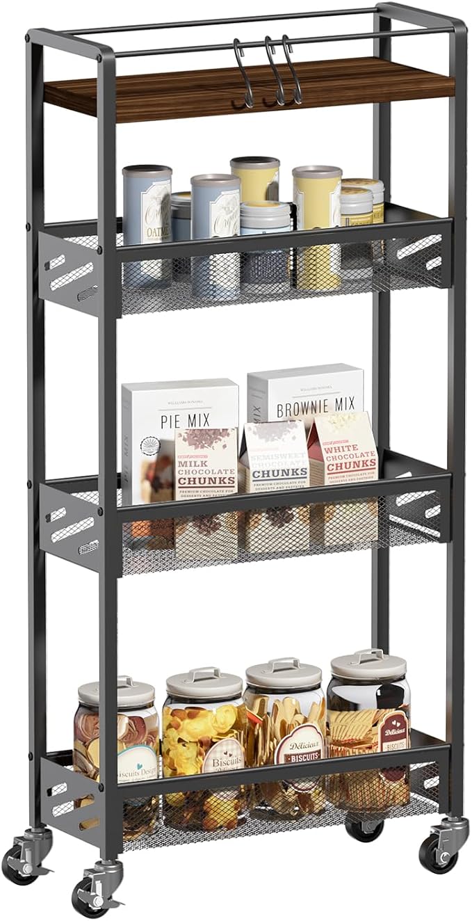 DGSNADGO Slim Rolling Storage Cart, 4-Tier Narrow Kitchen Cart with Wheels | Metal Mobile Snack Shelving, Rolling Spice Rack for Small Space in Kitchen, Living Room, Bathroom, Rustic Brown and Black - Image 8