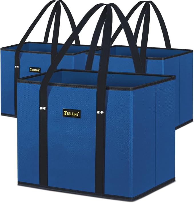 BALEINE 3PK Reusable Grocery Bags, Heavy Duty Shopping Tote Bag | 12'' Long Handles, Reinforced Bottom Keeps Upright, Fold Flat Storage, Water-Resistant Shopping Bag, Multiple Color Options by BALEINE
