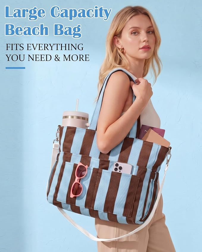 Kacctyen Striped Beach Tote Bag for Women Large Beach Foldable Tote Bag with Zipper Pockets for Travel Pool - Image 3
