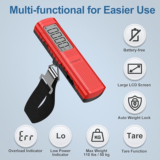 Battery-Free Digital Luggage Scale, 110lbs/50kg Portable Handheld Hanging Scale for Luggages, Suitcases, Backpacks & Bags, Easy Weighing for Travel, No Need Batteries (Red) - Image 4