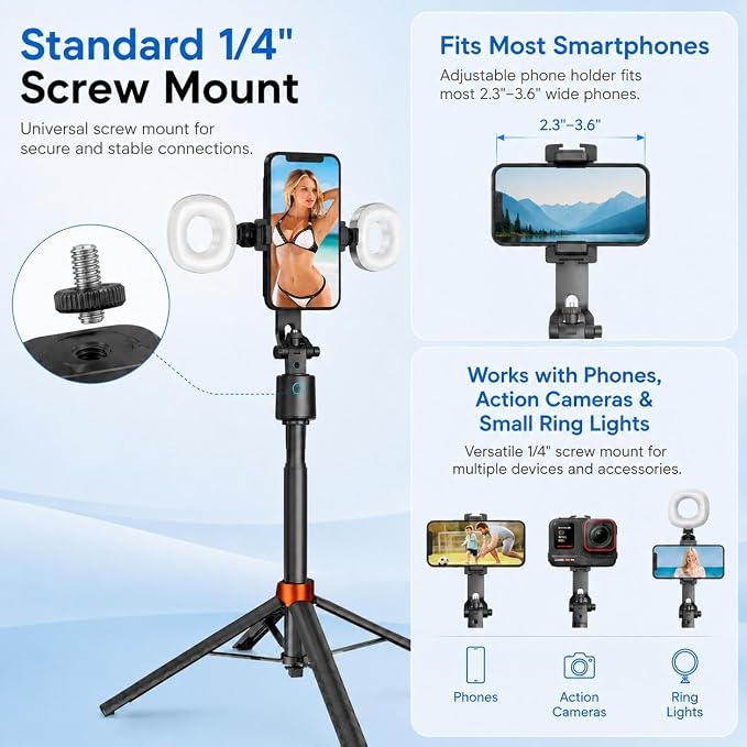 70" Auto Face Tracking Tripod with Light, 360° Smart Phone Stand with Remote, Selfie Stick for iPhone Android, No App Needed, Video Recording Vlogging Live Streaming - Image 6