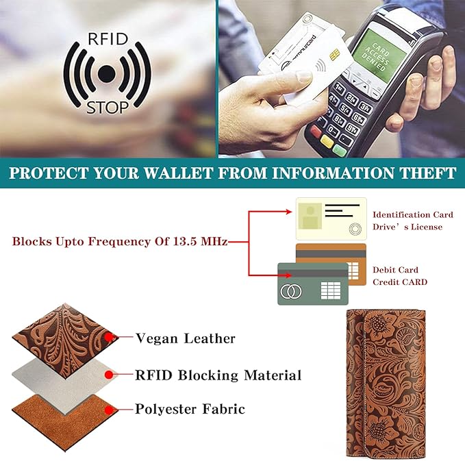 GOIACII Leather Wallets for Women RFID Blocking Western Clutch Brown | Embossed Design, Trifold, Large Billfolds, Vintage Flower, Ladies Purses with Zipper Coin Pocket - Image 4