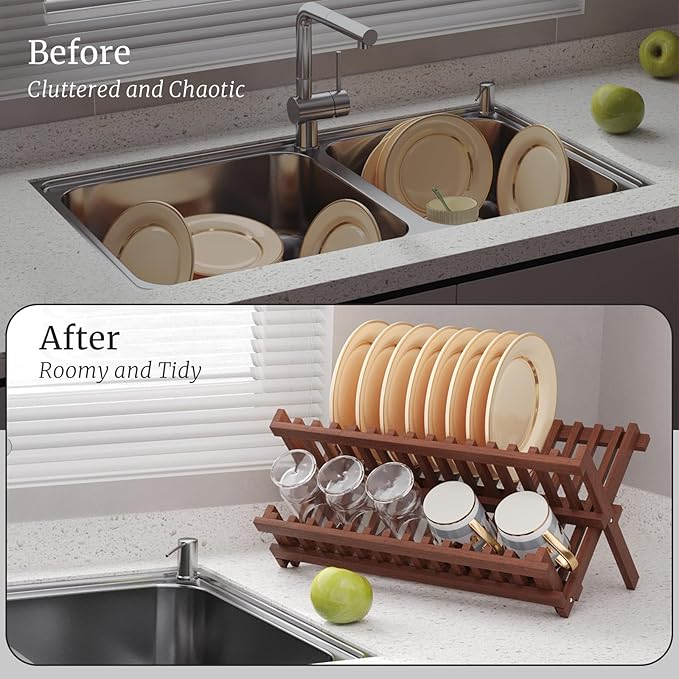 VERTORGAN Teak Dish Drying Rack,Folding Drainer for Kitchen | Foldable Spice Rack,Pantry Organization and Storage,Ventilation Hole,Quick-dry design,Space-saving fold,Multi-scene versatile - Image 4