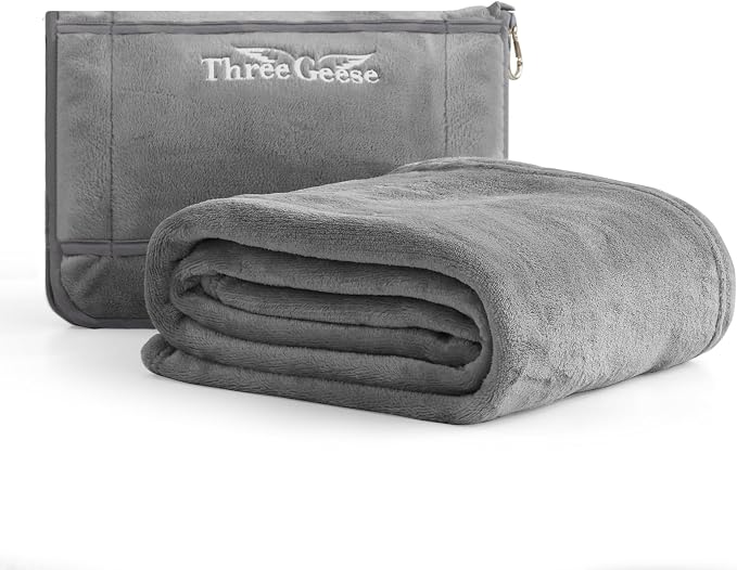 Three Geese 2-in-1 Travel Blanket Blanket and Pillows, Soft Flannel Airplane Throw with Hand Luggage Belt, 65x40inches, Portable Compact Design with Bag, Ideal for Travel Comfort by ThreeGeese