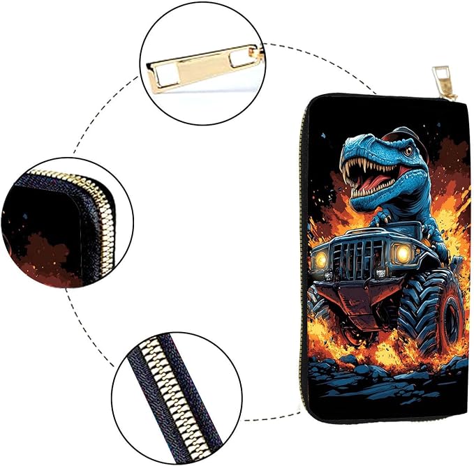 Women's RFID Blocking PU Leather Zip-Around Wallet, Large Capacity Clutch with Phone Holder, Travel Purse & Card Organizer with Removable Wristlet,Dinosaur in Monster Truck - Image 4