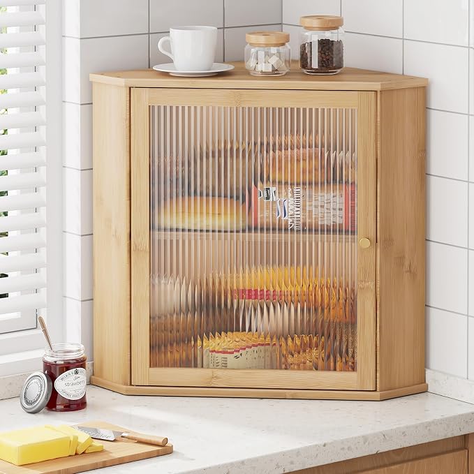 Kitsure Wooden Corner Bread Box for Kitchen Countertop, Large, Natural | 2-Tier Bread Container with Magnetic Acrylic Door, Kitchen Counter Organizer for Snacks, Loaves,, Homemade Bread Storage by Kitsure