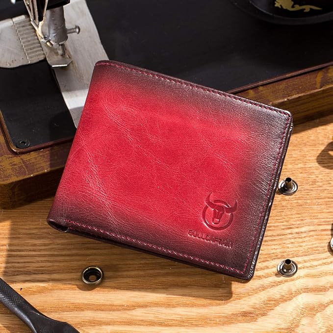 BULLCAPTAIN RFID Wallets for Men,Genuine Leather Wallet QB-05（Crimson ） | Slim,Bifold,Front Pocket Wallet, 2 ID Windows,11 Card Slots,RFID Blocking TechnologyGift Choice - Image 2