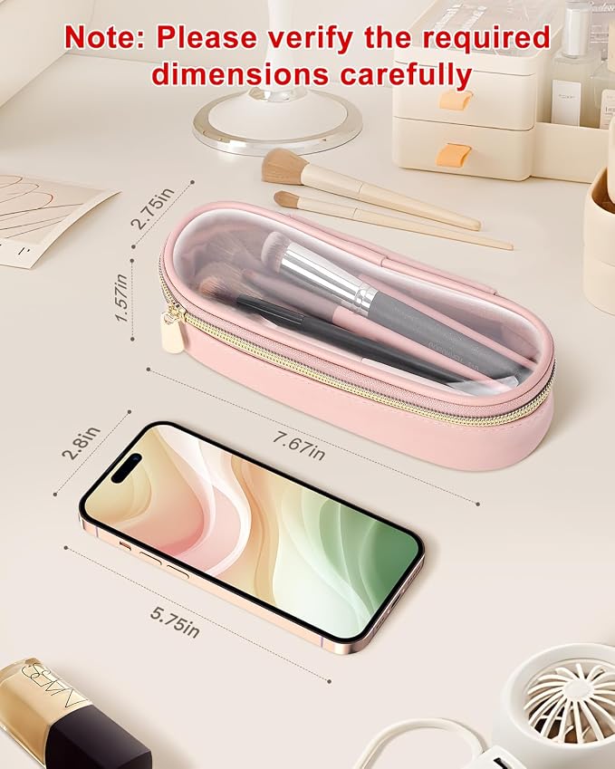 Soimeat Clear Travel Makeup Brush Holder, Leather Makeup Brush Toiletry Bag, Portable Cosmetic Brush Case, Transparent Waterproof Makeup Brush Storage Bag, Pink - Image 3