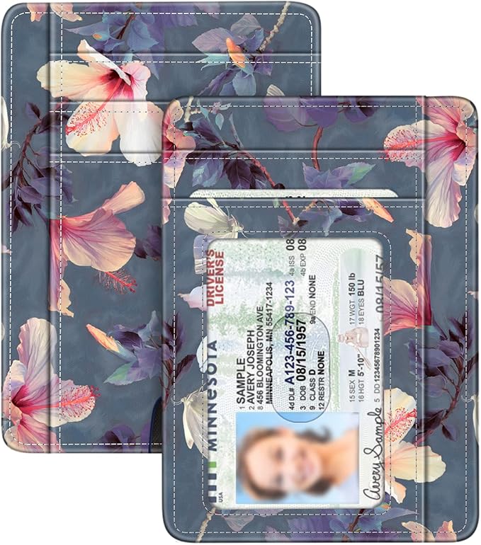 FINTIE Slim Front Pocket Wallet, RFID Blocking Credit Card Holder | Minimalist Card Cases with ID Window for Men Women, blooming hibiscus by Fintie