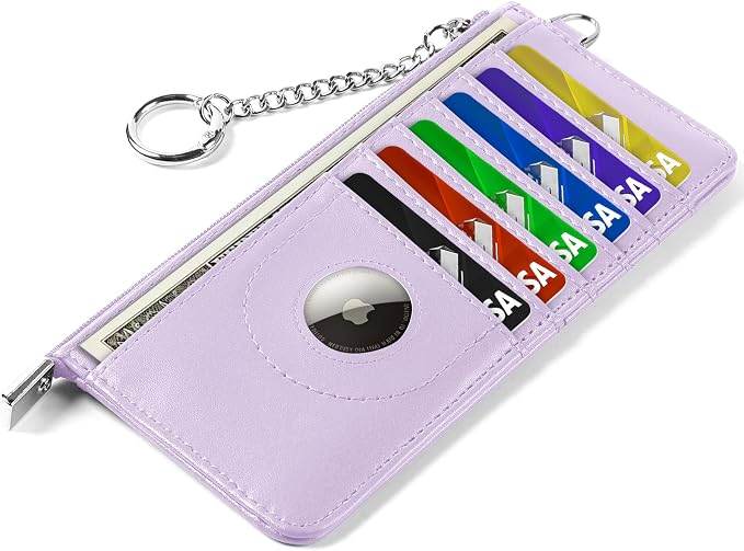 RFID Blocking Slim Credit Card Holder Wallet with Zipper Money Pocket & Keychain, Slim Airtag Wallet for Men Women by Ecovision