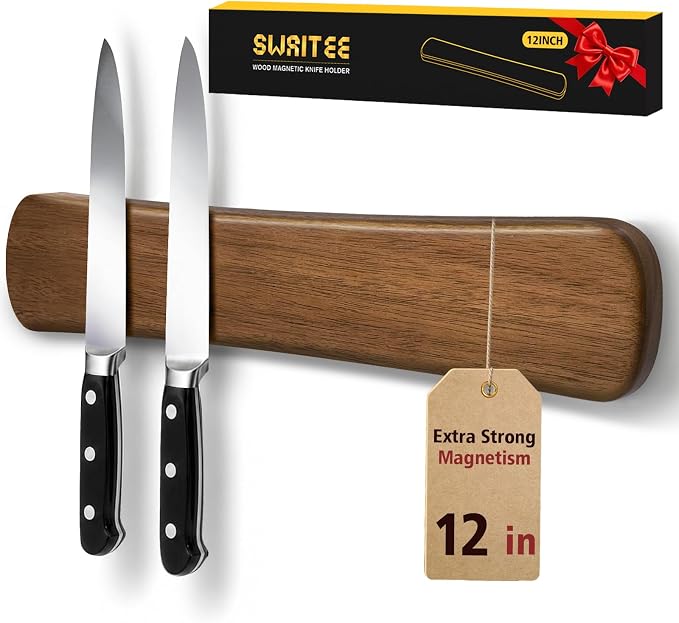 Magnetic Knife Holder, 12 Inch Acacia Wood Knife Strip for Wall or Fridge | Fridge Magnetic or Screw-Mounted, Strong Magnet Secures Knives, Space-Saving, Kitchen Knife Storage, Housewarming Gift by SWAITEE