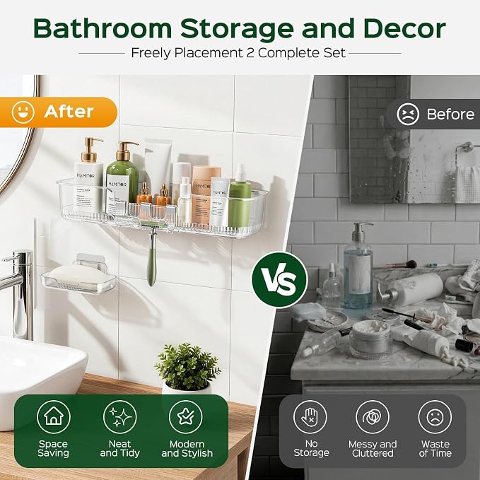 HAMITOR 2 Pack Adhesive Shower Caddy, Clear Transparent Shower Organizer | Modern Clear Design, Waterproof Adhesive Setup, Quick Drainage Shelves, Perfect for Homeowner, Apartments & Stylish Bathrooms - Image 6