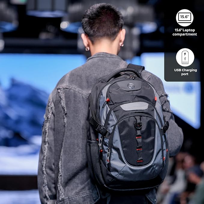 Swissdigital Design Laptop Backpack with USB Charging Port, Travel Backpack Fits 15.6-Inch Computer, 31l College School Backpack for Men, Haze Blue/Black | SD803-16 - Image 3