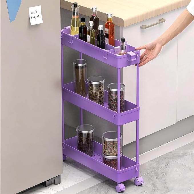 Slim Storage Cart 3 Tier,Bathroom Organizer Rolling Utility,Mobile Shelving Unit Slide Out for Office, Kitchen, Laundry Room & Narrow Places,Purple - Image 2