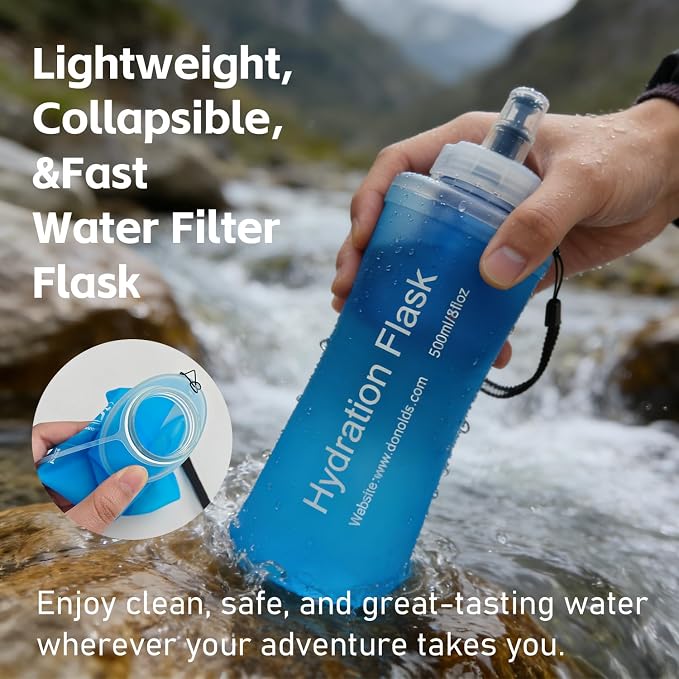 AXEN Collapsible Water Bottle with Filter for Hiking Travel, 500ml Blue | Foldable Design, Lightweight Portable Filtered Water Bottle, Soft Hydration Flask for Trail Hiking Running Outdoors - Image 2