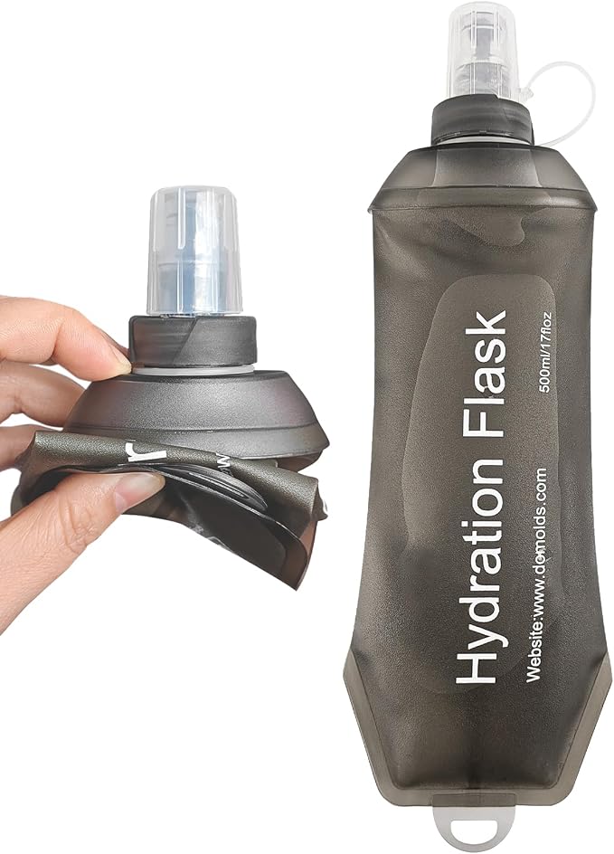 500ml Soft Flask, Shrink As You Drink Collapsible Water Bottles for Running Vest & Hydration Pack, BPA-Free Leak-Proof TPU Folding Bottle for Hiking Cycling Climbing Jogging-Grey by TACVEL