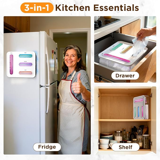 OUTXE Bag Organizer for Drawer + Fridge, Magnetic Kitchen Baggie Storage | Pantry Organization for Ziplock Plastic Food Bags | Compatible with Snack Sandwich Quart Gallon (White) | Pantry Organization for Ziplock Plastic Food Bags | Compatible with Sna... - Image 2