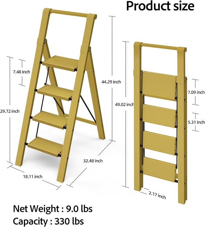 Taranta 4 Step Ladder,Aluminum Step Stool Foldable-Twilight Yellow | Lightweight Folding Ladder with Convenient Handgrip,Wide Top Pedal,330lbs Capacity Stepladder for Home,Office,Kitchen - Image 6