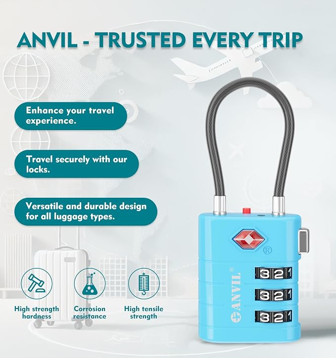 ANVIL TSA Approved Luggage Locks – High Security TSA008 Combination Travel Locks with Inspection Indicator for Suitcases and Backpacks. (2, Bule) - Image 4