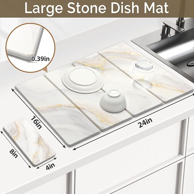 Large Stone Dish Drying Mat for Kitchen Counter, 2 PCS Quick Dry Stone Mats, Foldable Water Absorbing Diatomaceous Earth Drying Dishes Pad for Countertop Bottle Utensil Cup(Yellow White 24"x16"&8"x4") - Image 2