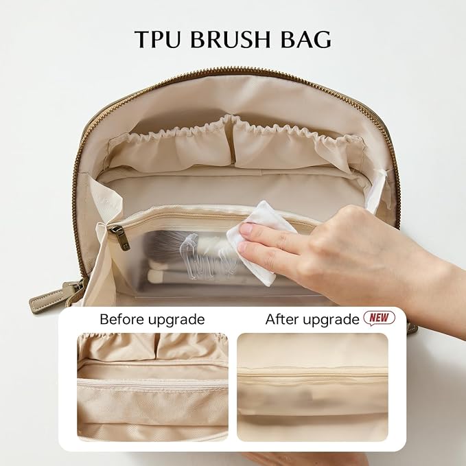 EACHY Travel Makeup Bag for Women, Faux Suede Cosmetic Bag, Green, Medium | Faux suede organizer with flat-open access, clear TPU brush pocket and carry handle for daily makeup, toiletries and travel - Image 3