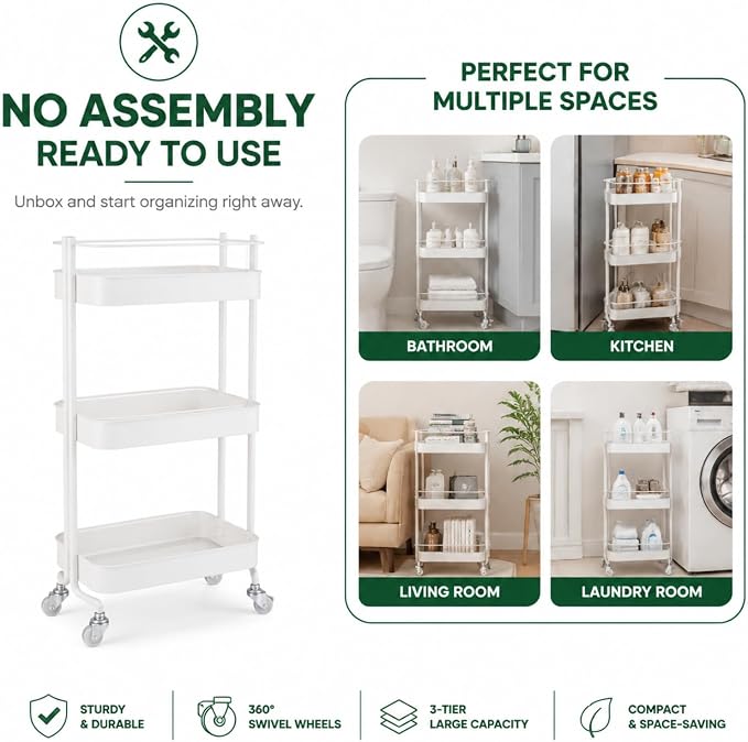 Narrow 3 Tier Rolling Cart, Slim Storage Cart for Bathroom Kitchen | 3 spacious tiers, durable carbon steel frame and smooth swivel wheels provide flexible storage and easy mobility. - Image 4