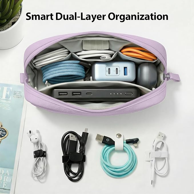 Anti-Tangle Electronics Organizer Travel Cable Bag Purple | 8 compartments for 3ft+ cords, chargers and power banks. Crafted from padded Oxford fabric. Includes 8 cable ties. - Image 3