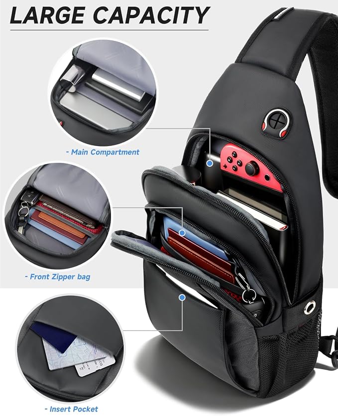 Anti Theft Sling Bag for Men, Expandable Crossbody Chest Bag with Water Bottle Pocket, Travel Sling Backpack Fits 11” iPad & Switch 2 for Commuting, Hiking, Daily Carry, Black | Mens Crossbody Bag - Image 6