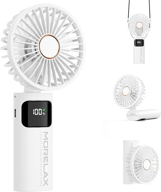 Portable Handheld Fan, USB Rechargeable Foldable Mini Personal Fan, 5200mAh, 180 Adjustable, 6 Speed Wind, 3 IN 1 Hand Cooling Desk Fan with LED Display for Home Office School Outdoor Travel, White by Jancane